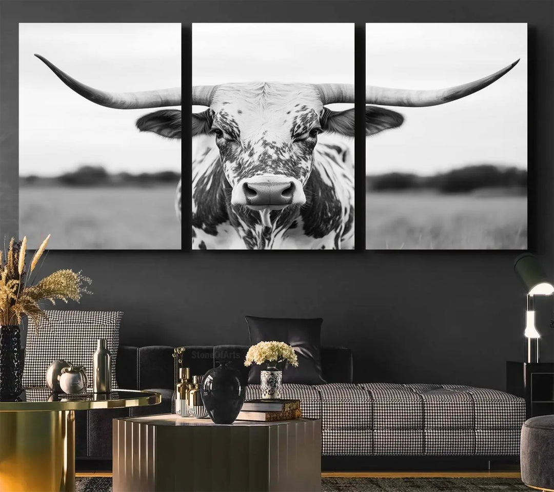 The Highland Cow Wall Art - Black & White Longhorn Canvas Print elevates farmhouse decor with its striking presence.