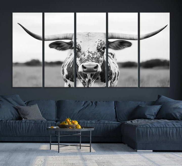 The Highland Cow Wall Art - Black & White Longhorn Canvas Print elevates farmhouse decor with its striking presence.