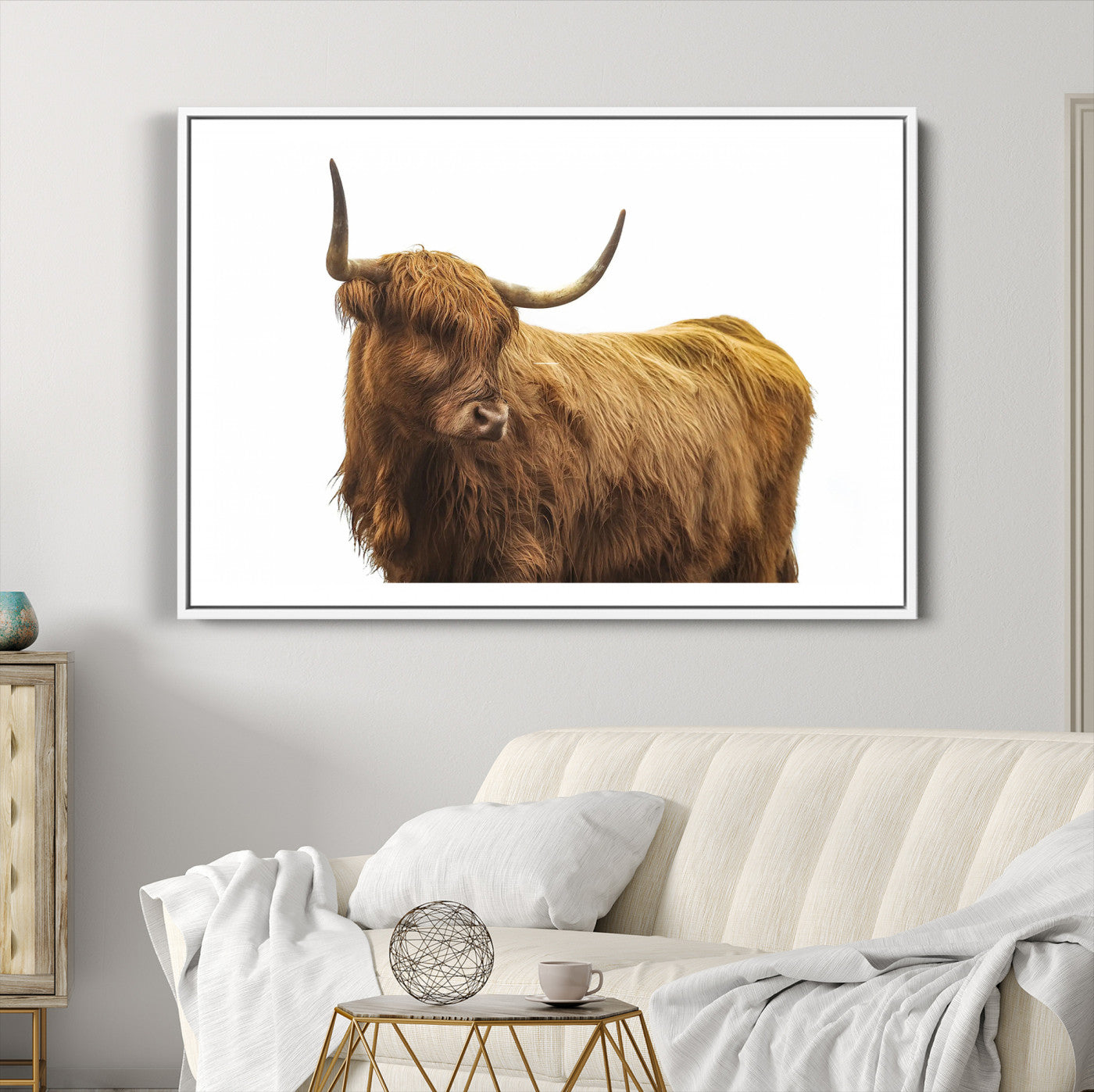 15012506-MGC-FP-36x24_White-Highland Cow Wall Art Canvas Print – Framed Scottish Bull Rustic Farmhouse Scene Artwork for Home, Office, Living Room
