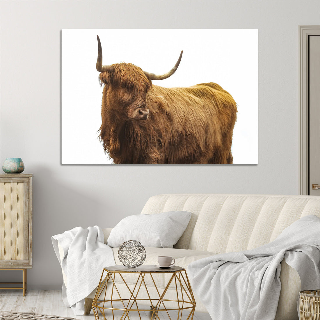 Highland Cow Wall Art Canvas Print, Framed Scottish Bull Print, Rustic Farmhouse Country Animal Art