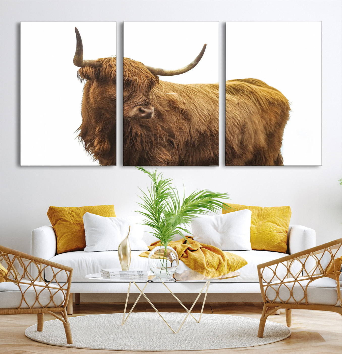 15012506-MGV-CV-36X24-Highland Cow Wall Art Canvas Print – Framed Scottish Bull Rustic Farmhouse Scene Artwork for Home, Office, Living Room