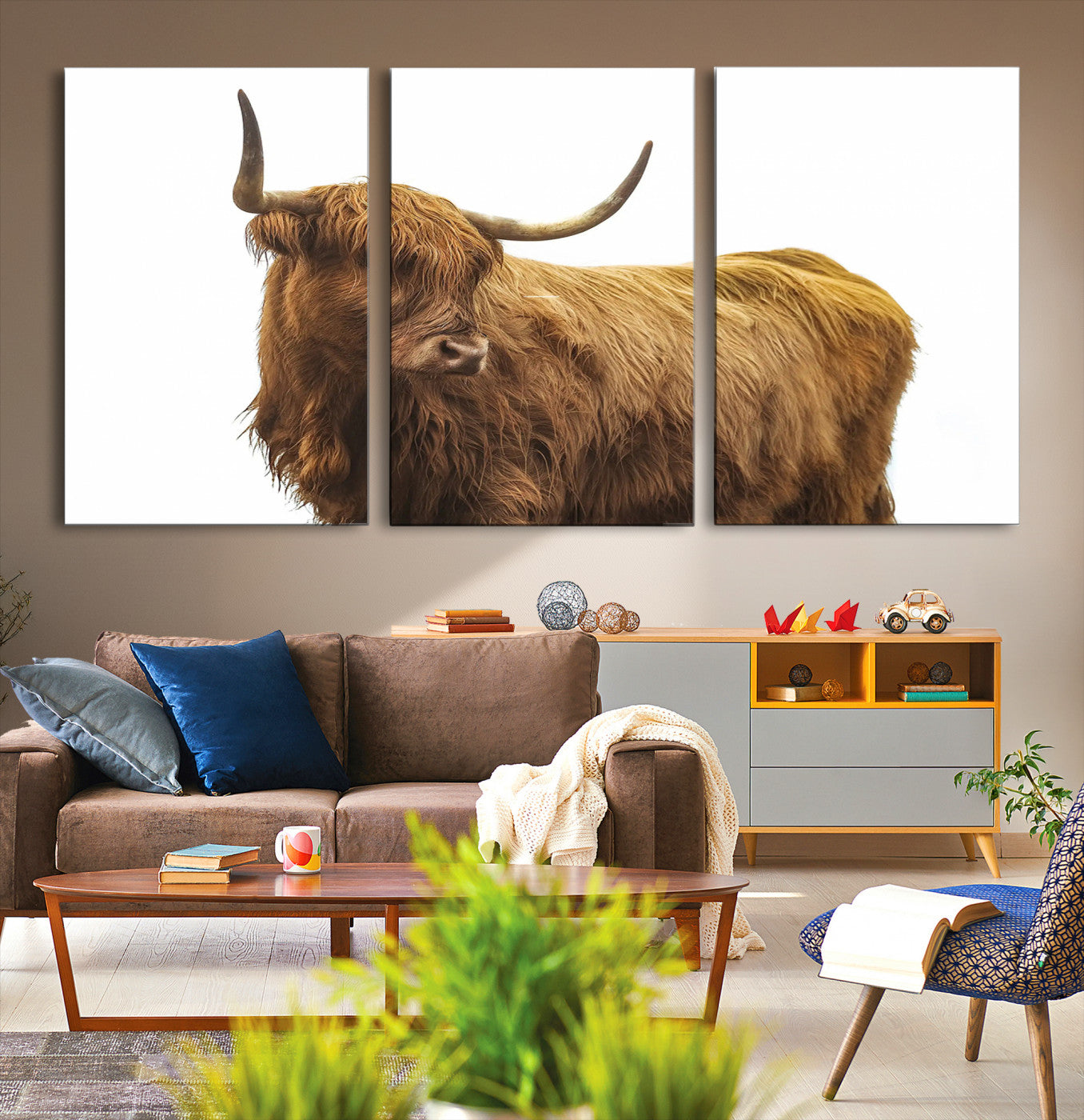15012506-MGV-CV-36X24-Highland Cow Wall Art Canvas Print – Framed Scottish Bull Rustic Farmhouse Scene Artwork for Home, Office, Living Room