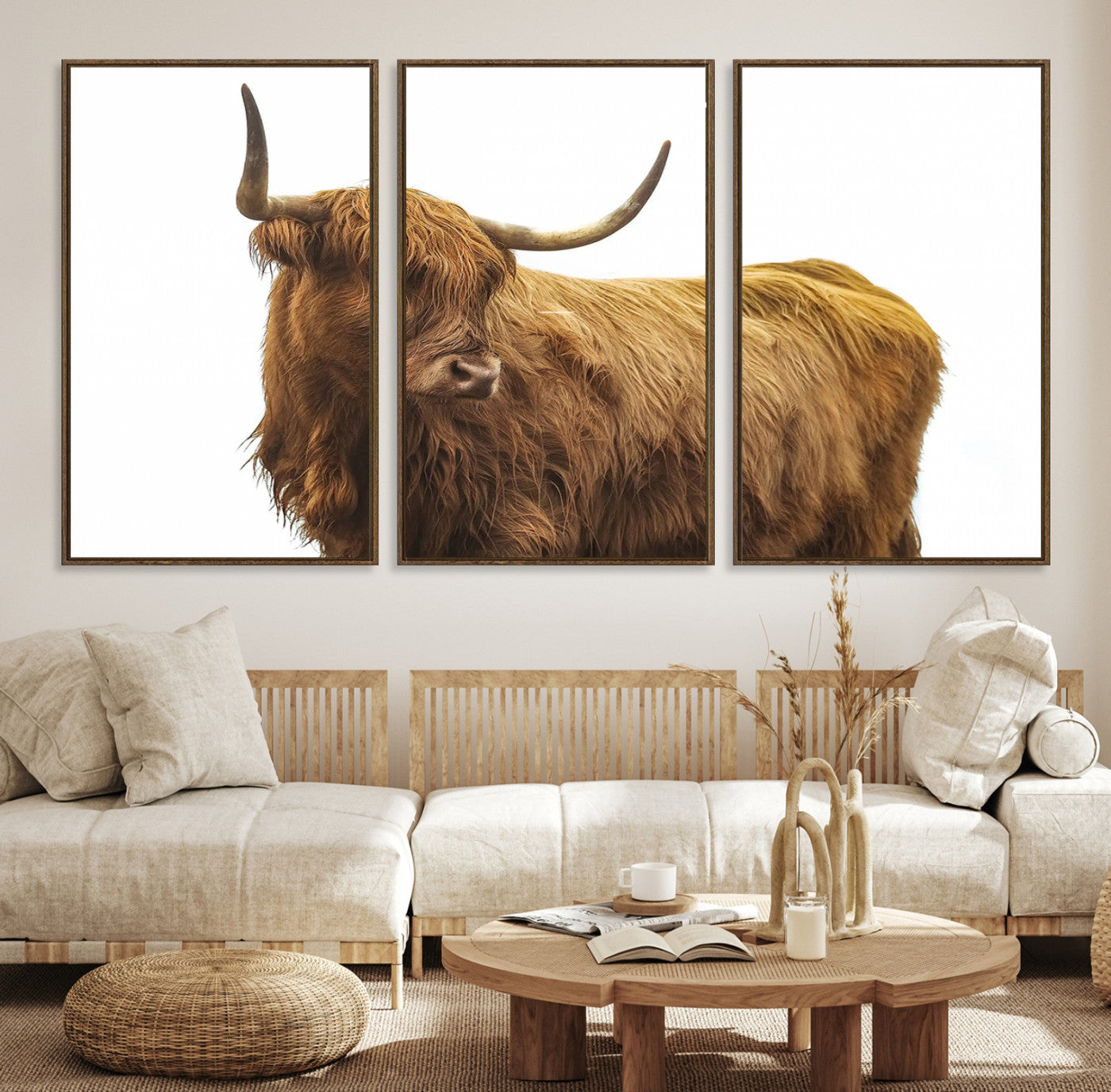 15012506-MGV-CV-36X24-Highland Cow Wall Art Canvas Print – Framed Scottish Bull Rustic Farmhouse Scene Artwork for Home, Office, Living Room