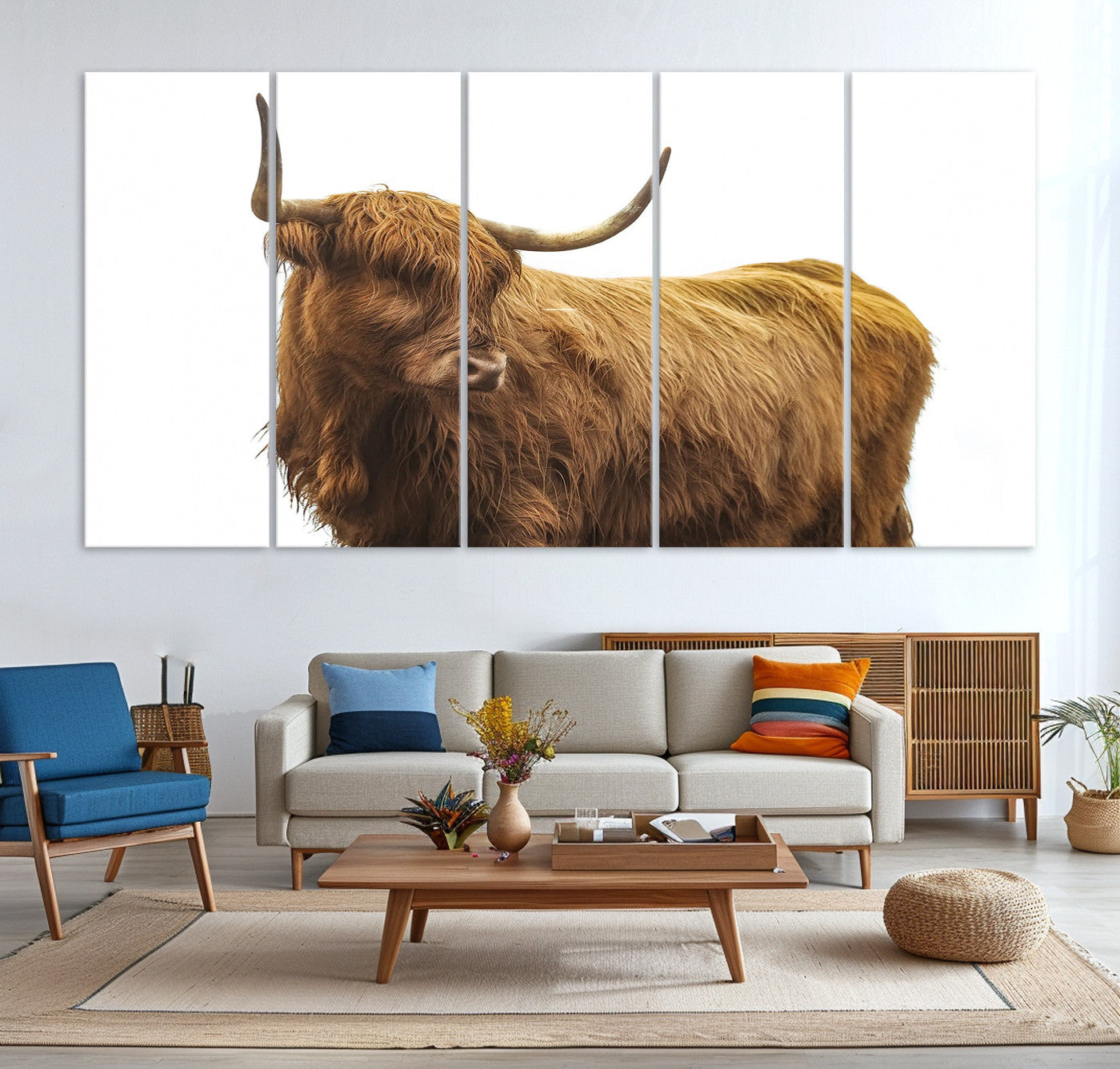 15012506-MGV-CV-36X24-Highland Cow Wall Art Canvas Print – Framed Scottish Bull Rustic Farmhouse Scene Artwork for Home, Office, Living Room
