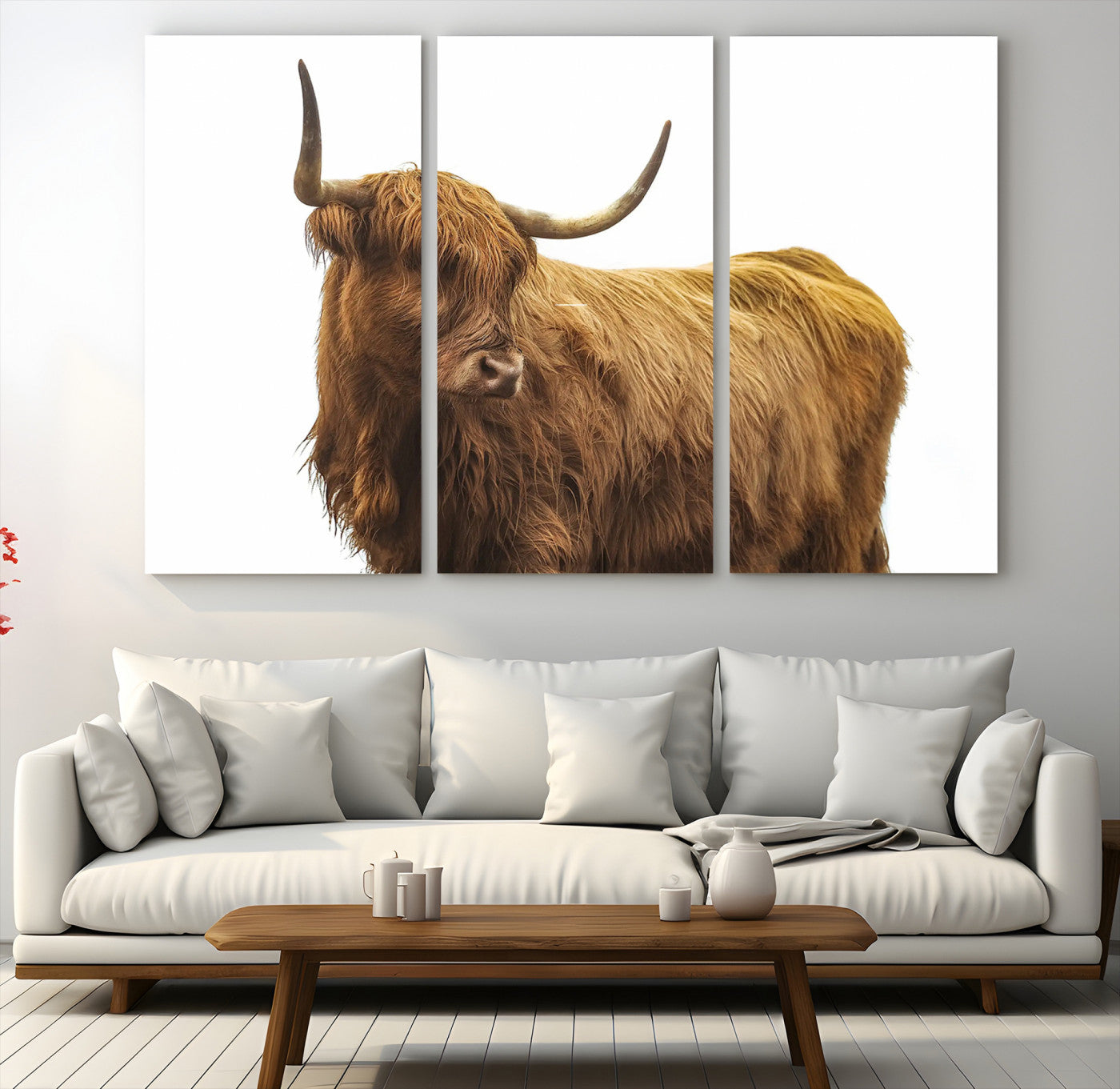 15012506-MGV-CV-48X32-3P-Highland Cow Wall Art Canvas Print – Framed Scottish Bull Rustic Farmhouse Scene Artwork for Home, Office, Living Room