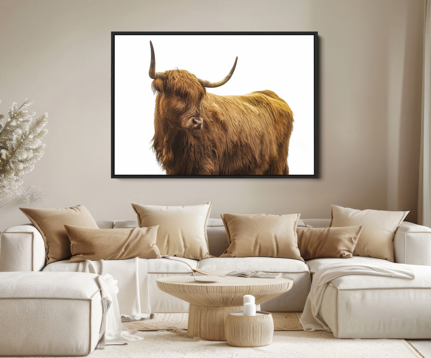 15012506-MGV-FC-36X24_Black-Highland Cow Wall Art Canvas Print – Framed Scottish Bull Rustic Farmhouse Scene Artwork for Home, Office, Living Room