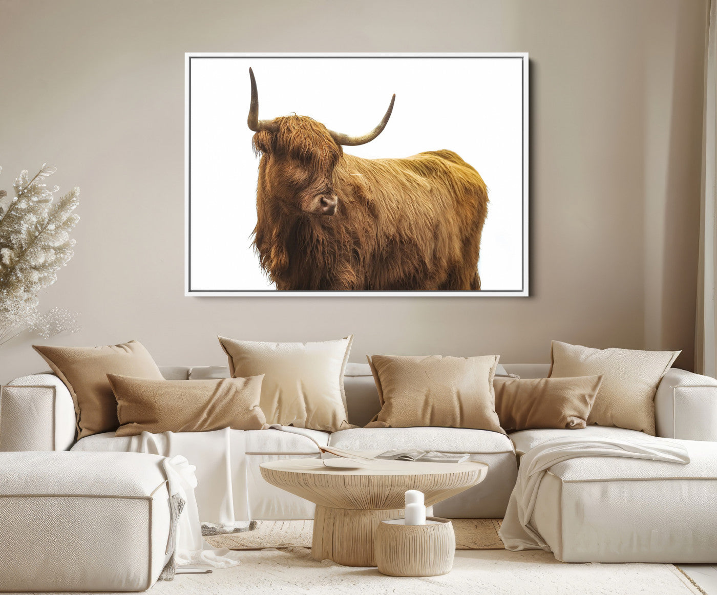 15012506-MGV-FC-36X24_White-Highland Cow Wall Art Canvas Print – Framed Scottish Bull Rustic Farmhouse Scene Artwork for Home, Office, Living Room
