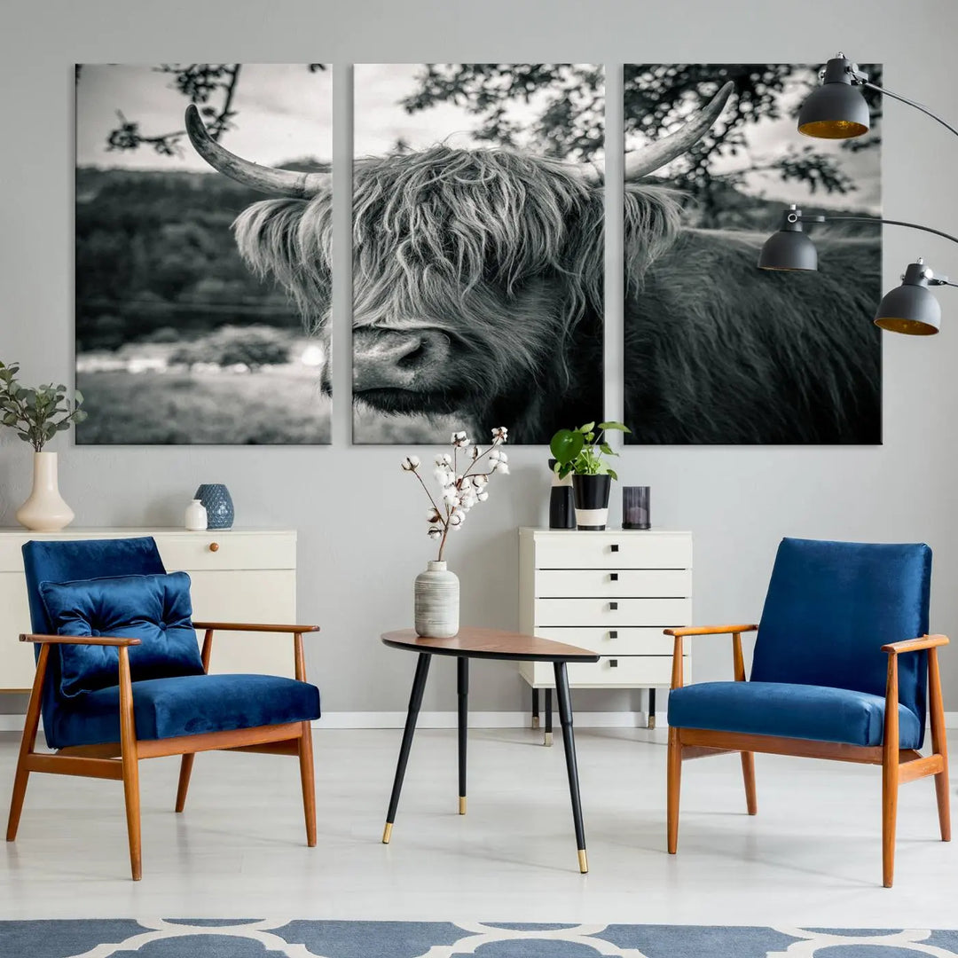 The stylish living room showcases the "Highland Cow Wall Art Canvas Print Scottish Cattle Canvas Art" displayed as a triptych on the wall. This artwork is gallery wrapped on museum-quality canvas with a UV-protective coating for lasting elegance.