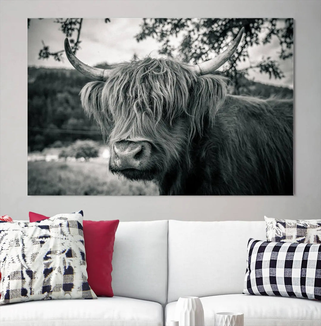 The stylish living room showcases the "Highland Cow Wall Art Canvas Print Scottish Cattle Canvas Art" displayed as a triptych on the wall. This artwork is gallery wrapped on museum-quality canvas with a UV-protective coating for lasting elegance.