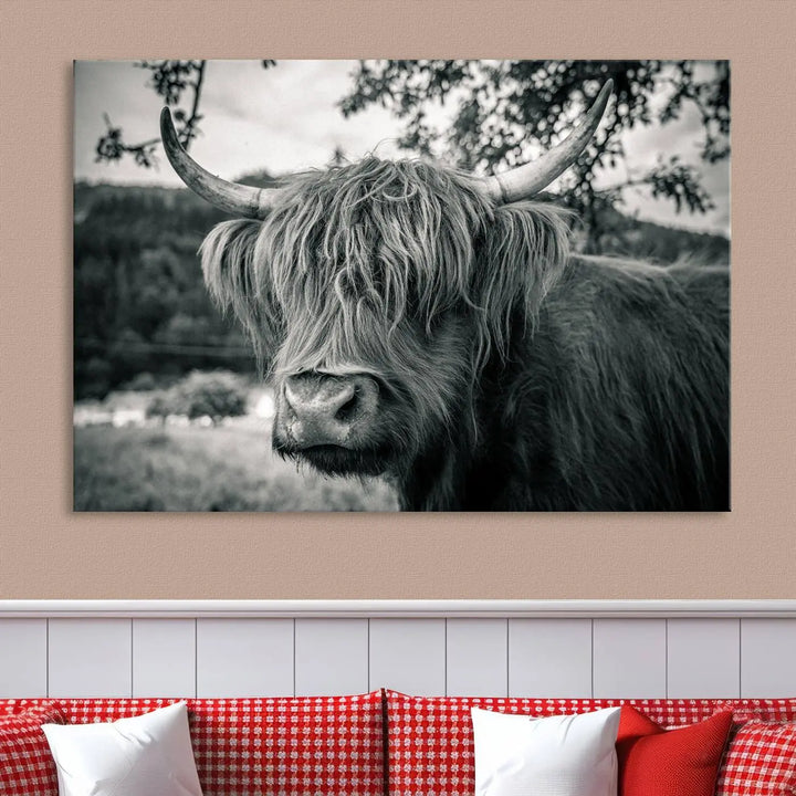 The stylish living room showcases the "Highland Cow Wall Art Canvas Print Scottish Cattle Canvas Art" displayed as a triptych on the wall. This artwork is gallery wrapped on museum-quality canvas with a UV-protective coating for lasting elegance.