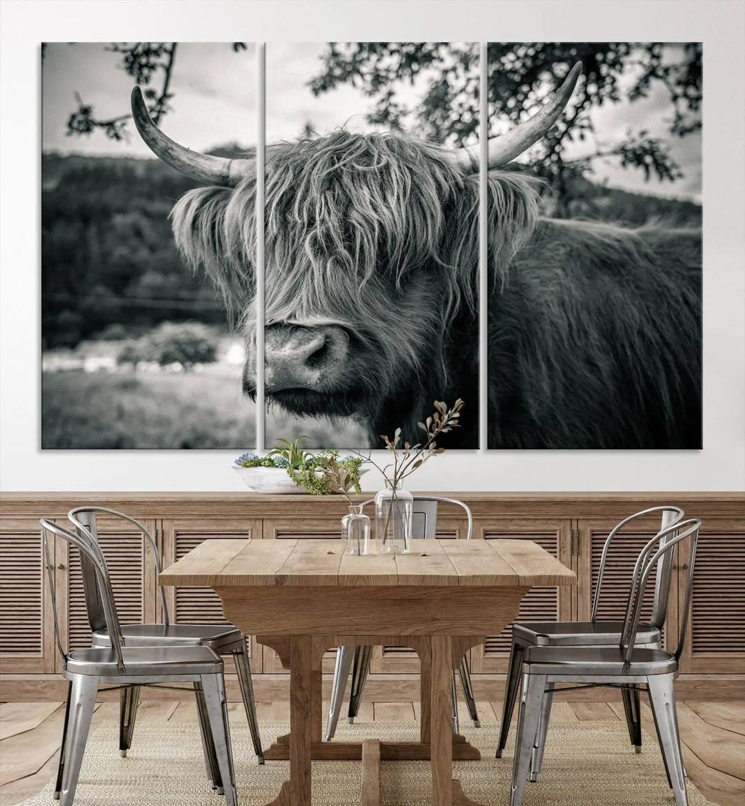 The stylish living room showcases the "Highland Cow Wall Art Canvas Print Scottish Cattle Canvas Art" displayed as a triptych on the wall. This artwork is gallery wrapped on museum-quality canvas with a UV-protective coating for lasting elegance.