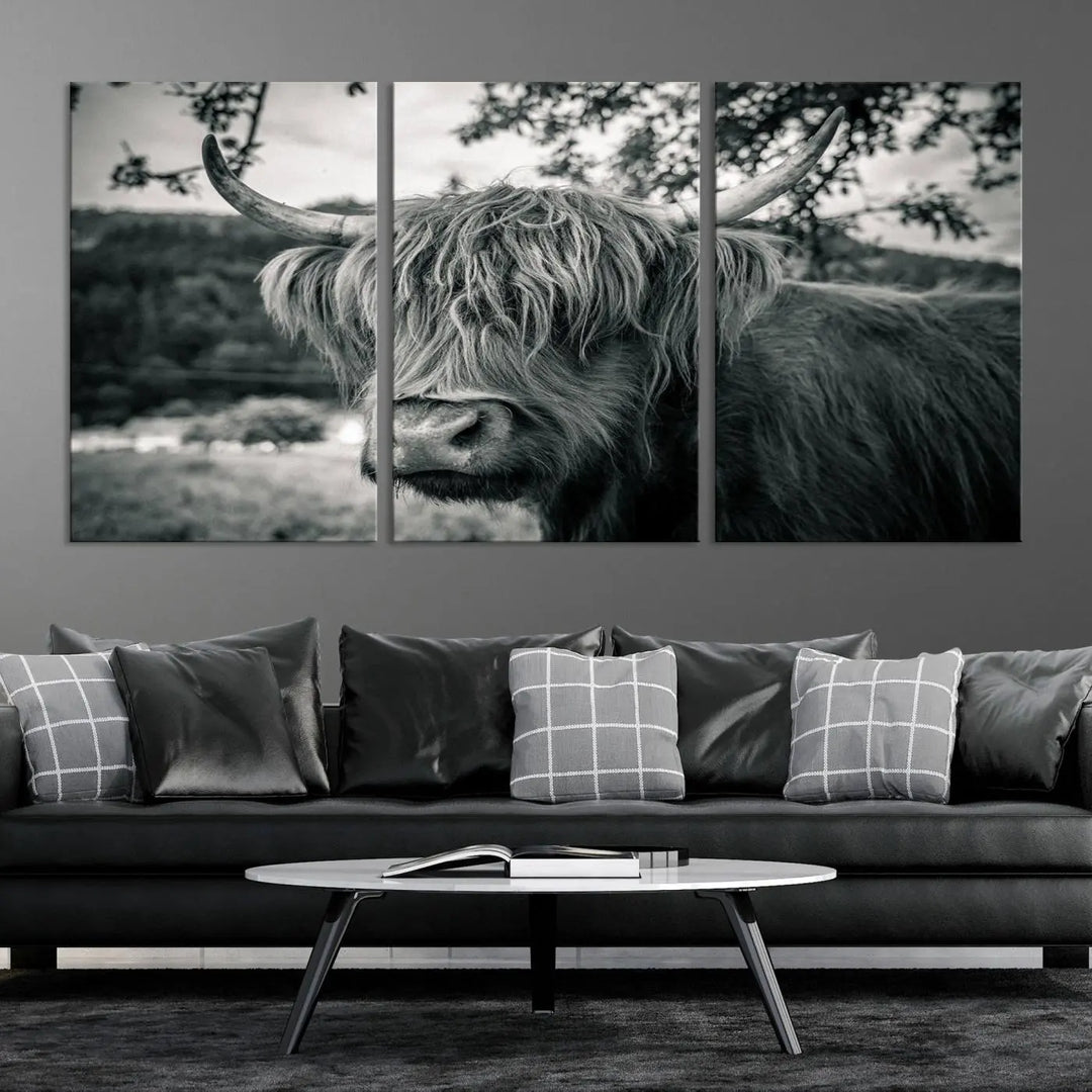 The stylish living room showcases the "Highland Cow Wall Art Canvas Print Scottish Cattle Canvas Art" displayed as a triptych on the wall. This artwork is gallery wrapped on museum-quality canvas with a UV-protective coating for lasting elegance.