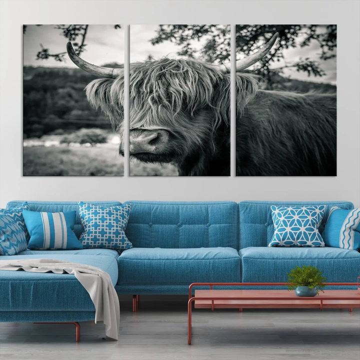 The stylish living room showcases the "Highland Cow Wall Art Canvas Print Scottish Cattle Canvas Art" displayed as a triptych on the wall. This artwork is gallery wrapped on museum-quality canvas with a UV-protective coating for lasting elegance.