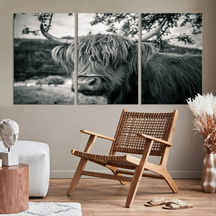 The stylish living room showcases the "Highland Cow Wall Art Canvas Print Scottish Cattle Canvas Art" displayed as a triptych on the wall. This artwork is gallery wrapped on museum-quality canvas with a UV-protective coating for lasting elegance.