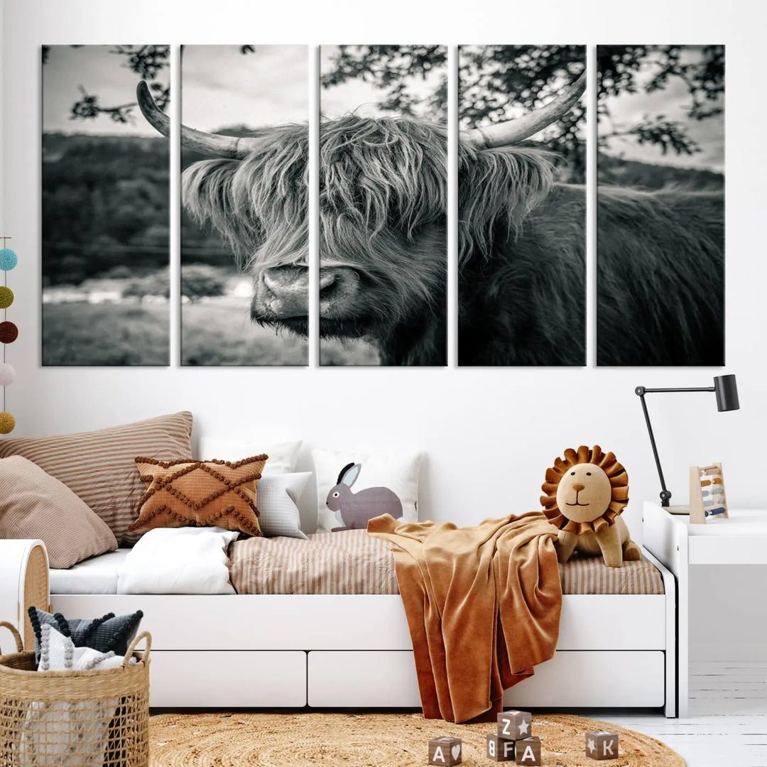 The stylish living room showcases the "Highland Cow Wall Art Canvas Print Scottish Cattle Canvas Art" displayed as a triptych on the wall. This artwork is gallery wrapped on museum-quality canvas with a UV-protective coating for lasting elegance.