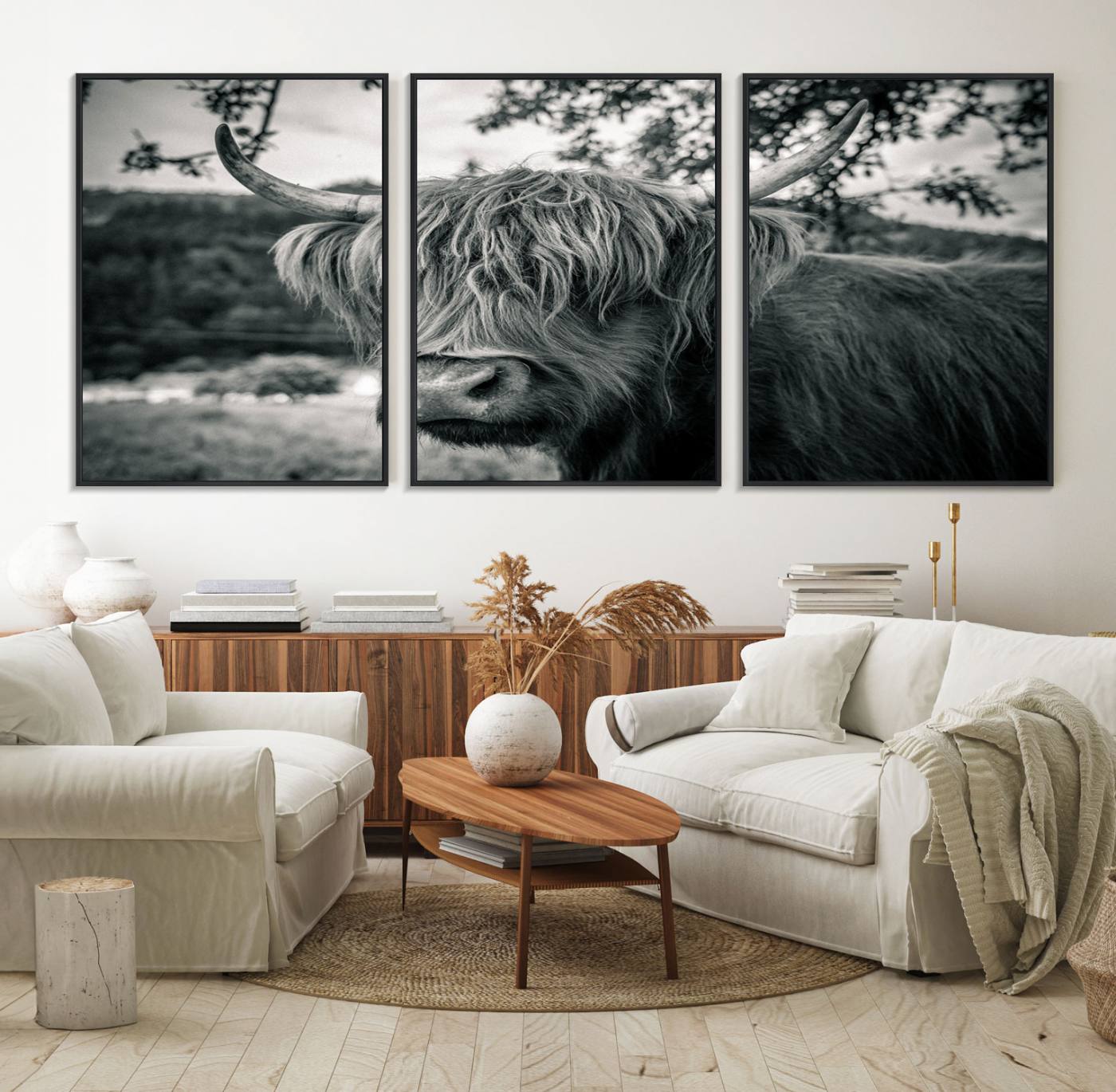 71817-MGV-FC-60X30-3P_Black-Highland Cow Wall Art Canvas Print Scottish Cattle Canvas Art