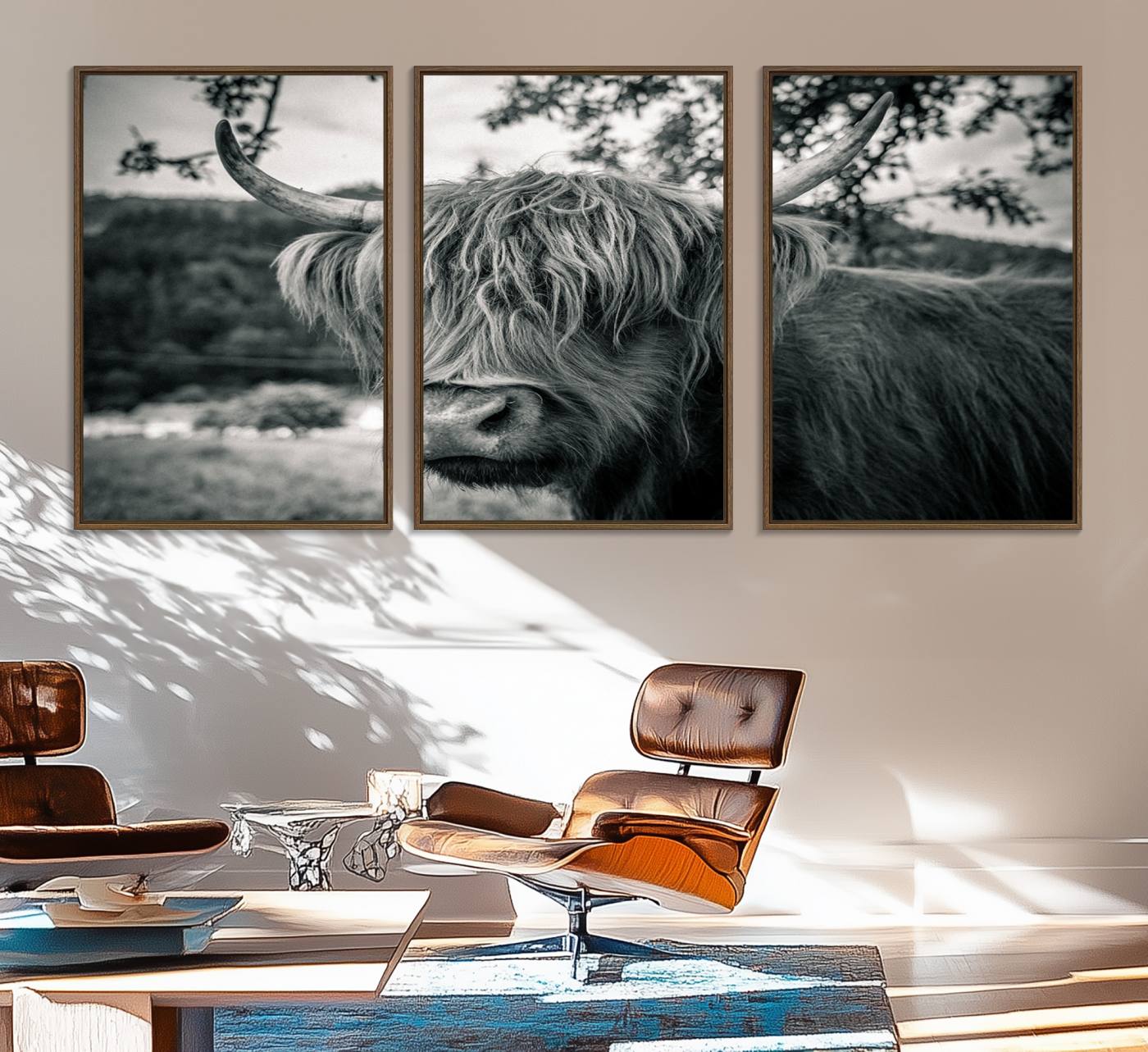 71817-MGV-FC-60X30-3P_Walnut-Highland Cow Wall Art Canvas Print Scottish Cattle Canvas Art