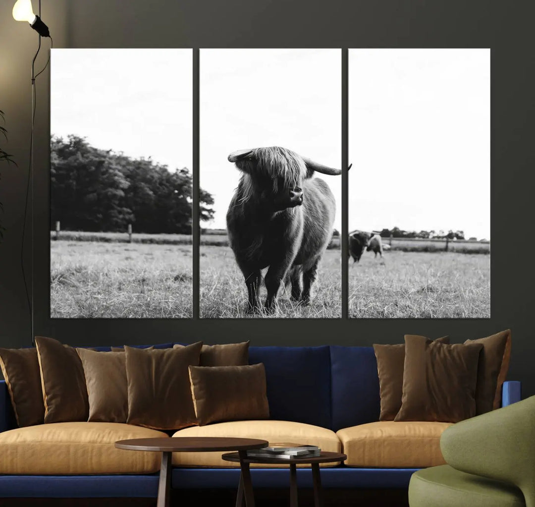 The Highland Cow Wall Art Canvas Print – Rustic Farmhouse Decor, ready to hang and split into three panels, adds charming rustic appeal.