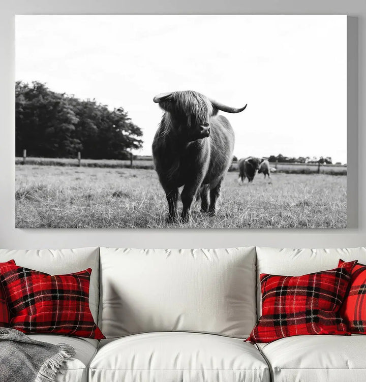 The Highland Cow Wall Art Canvas Print – Rustic Farmhouse Decor, ready to hang and split into three panels, adds charming rustic appeal.