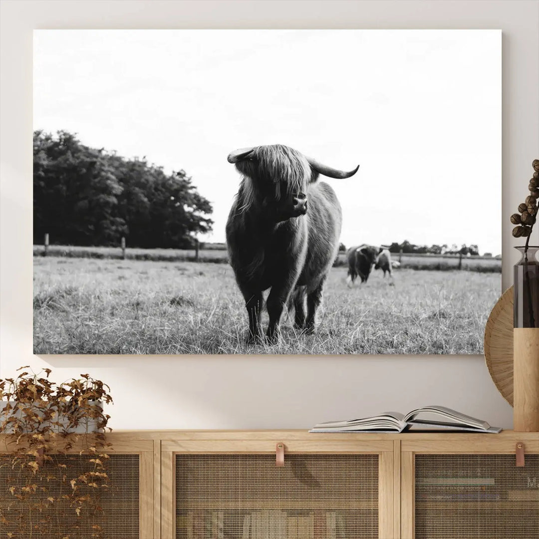 The Highland Cow Wall Art Canvas Print – Rustic Farmhouse Decor, ready to hang and split into three panels, adds charming rustic appeal.