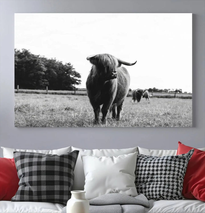 The Highland Cow Wall Art Canvas Print – Rustic Farmhouse Decor, ready to hang and split into three panels, adds charming rustic appeal.