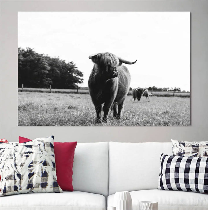 The Highland Cow Wall Art Canvas Print – Rustic Farmhouse Decor, ready to hang and split into three panels, adds charming rustic appeal.