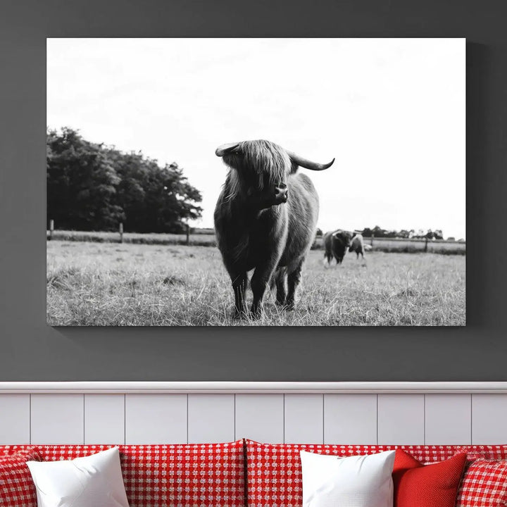 The Highland Cow Wall Art Canvas Print – Rustic Farmhouse Decor, ready to hang and split into three panels, adds charming rustic appeal.