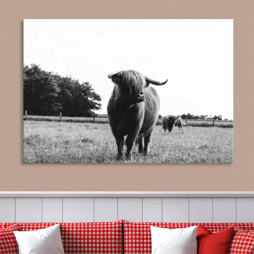 The Highland Cow Wall Art Canvas Print – Rustic Farmhouse Decor, ready to hang and split into three panels, adds charming rustic appeal.