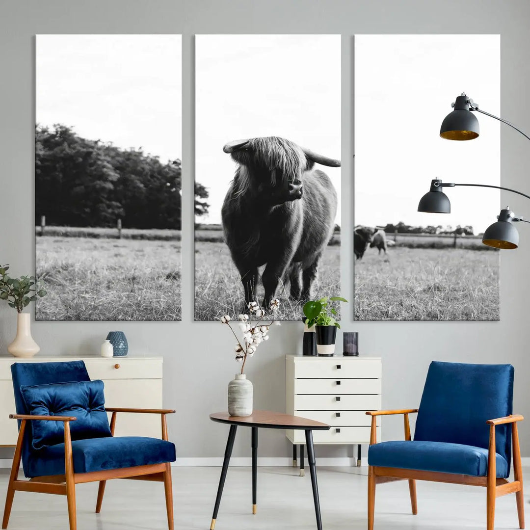 The Highland Cow Wall Art Canvas Print – Rustic Farmhouse Decor, ready to hang and split into three panels, adds charming rustic appeal.