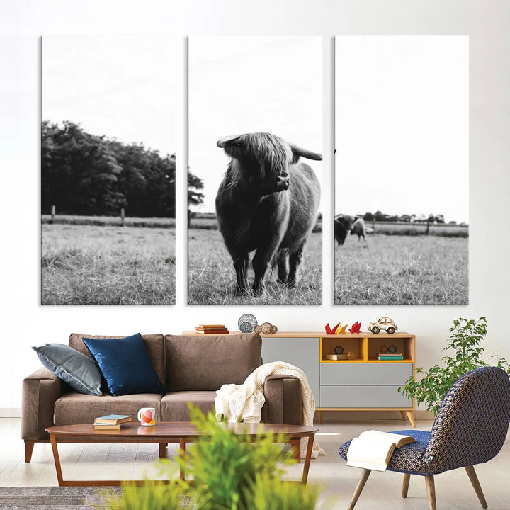 The Highland Cow Wall Art Canvas Print – Rustic Farmhouse Decor, ready to hang and split into three panels, adds charming rustic appeal.