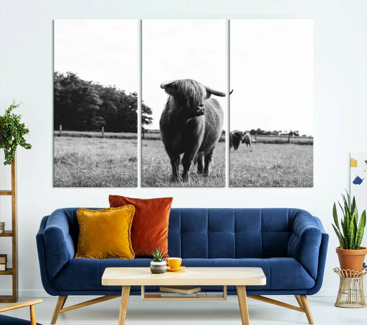 The Highland Cow Wall Art Canvas Print – Rustic Farmhouse Decor, ready to hang and split into three panels, adds charming rustic appeal.