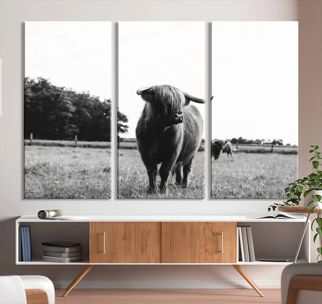 The Highland Cow Wall Art Canvas Print – Rustic Farmhouse Decor, ready to hang and split into three panels, adds charming rustic appeal.