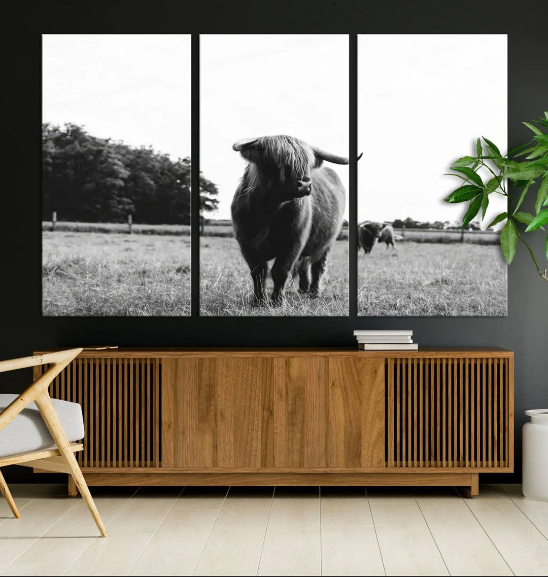 The Highland Cow Wall Art Canvas Print – Rustic Farmhouse Decor, ready to hang and split into three panels, adds charming rustic appeal.