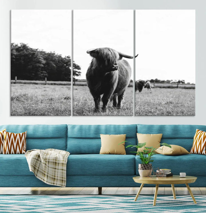 The Highland Cow Wall Art Canvas Print – Rustic Farmhouse Decor, ready to hang and split into three panels, adds charming rustic appeal.