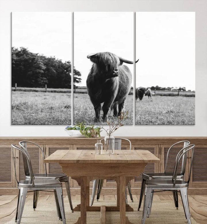 The Highland Cow Wall Art Canvas Print – Rustic Farmhouse Decor, ready to hang and split into three panels, adds charming rustic appeal.