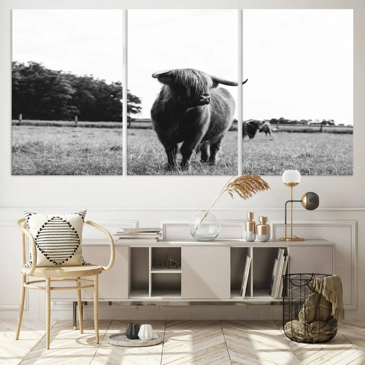 The Highland Cow Wall Art Canvas Print – Rustic Farmhouse Decor, ready to hang and split into three panels, adds charming rustic appeal.