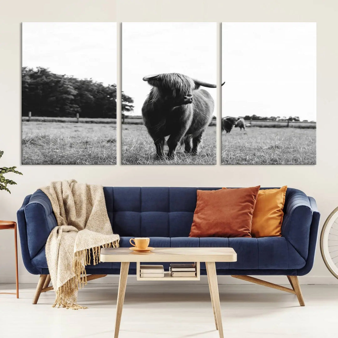 The Highland Cow Wall Art Canvas Print – Rustic Farmhouse Decor, ready to hang and split into three panels, adds charming rustic appeal.