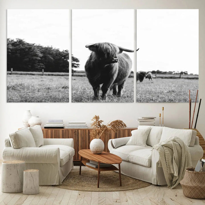 The Highland Cow Wall Art Canvas Print – Rustic Farmhouse Decor, ready to hang and split into three panels, adds charming rustic appeal.