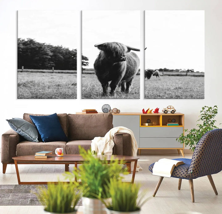 The Highland Cow Wall Art Canvas Print – Rustic Farmhouse Decor, ready to hang and split into three panels, adds charming rustic appeal.