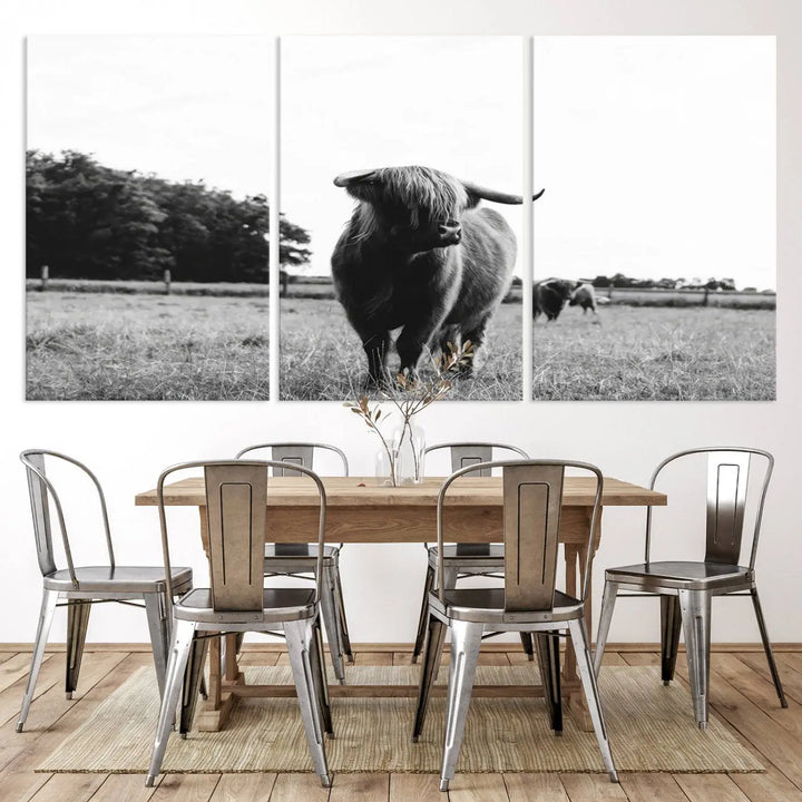 The Highland Cow Wall Art Canvas Print – Rustic Farmhouse Decor, ready to hang and split into three panels, adds charming rustic appeal.