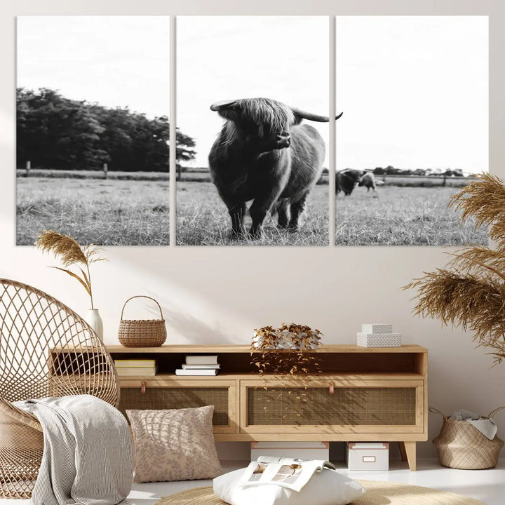 The Highland Cow Wall Art Canvas Print – Rustic Farmhouse Decor, ready to hang and split into three panels, adds charming rustic appeal.