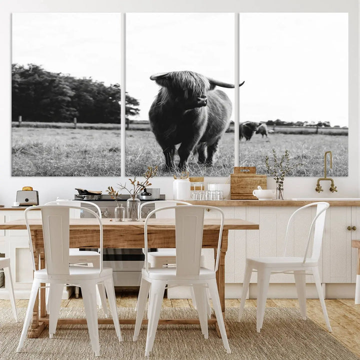 The Highland Cow Wall Art Canvas Print – Rustic Farmhouse Decor, ready to hang and split into three panels, adds charming rustic appeal.