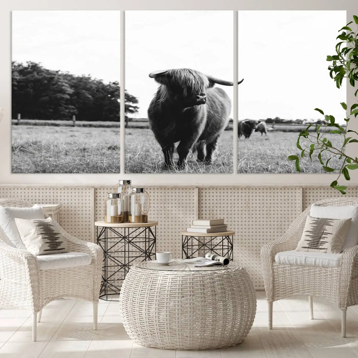 The Highland Cow Wall Art Canvas Print – Rustic Farmhouse Decor, ready to hang and split into three panels, adds charming rustic appeal.