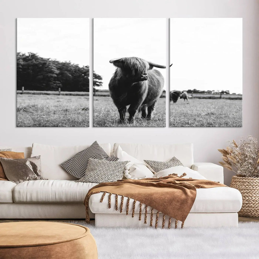 The Highland Cow Wall Art Canvas Print – Rustic Farmhouse Decor, ready to hang and split into three panels, adds charming rustic appeal.