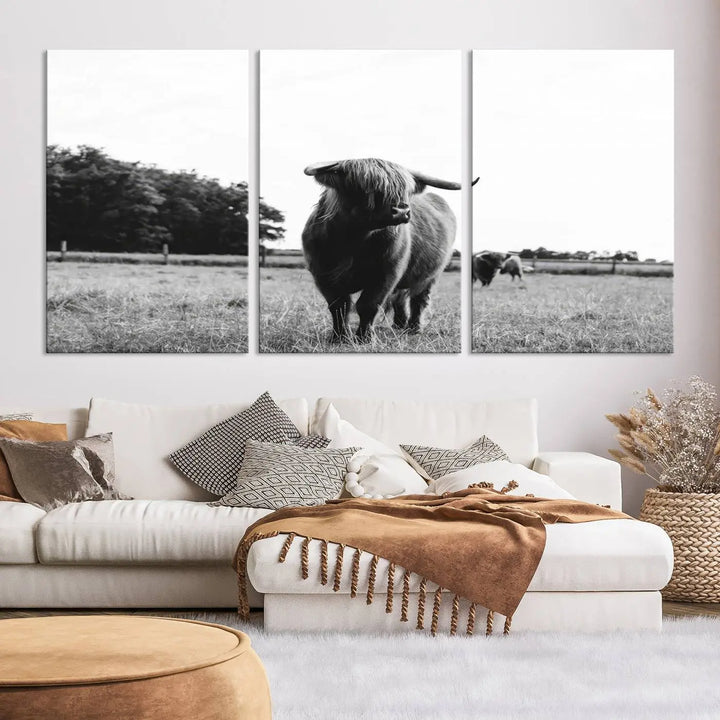 The Highland Cow Wall Art Canvas Print – Rustic Farmhouse Decor, ready to hang and split into three panels, adds charming rustic appeal.