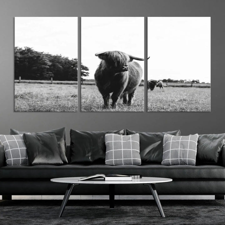 The Highland Cow Wall Art Canvas Print – Rustic Farmhouse Decor, ready to hang and split into three panels, adds charming rustic appeal.