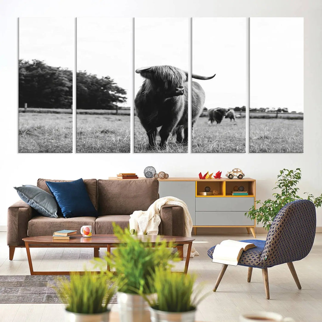 The Highland Cow Wall Art Canvas Print – Rustic Farmhouse Decor, ready to hang and split into three panels, adds charming rustic appeal.