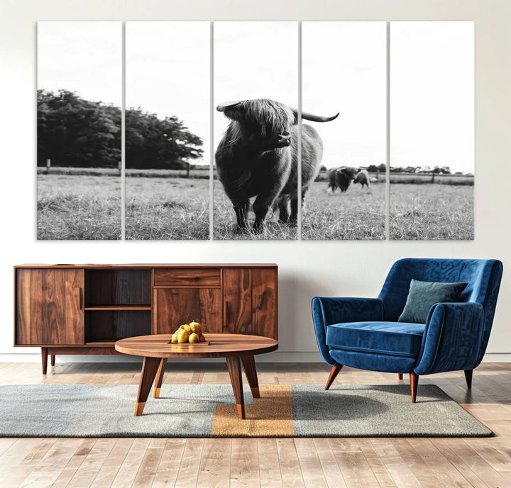 The Highland Cow Wall Art Canvas Print – Rustic Farmhouse Decor, ready to hang and split into three panels, adds charming rustic appeal.