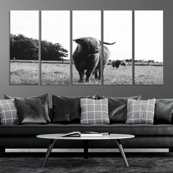 The Highland Cow Wall Art Canvas Print – Rustic Farmhouse Decor, ready to hang and split into three panels, adds charming rustic appeal.