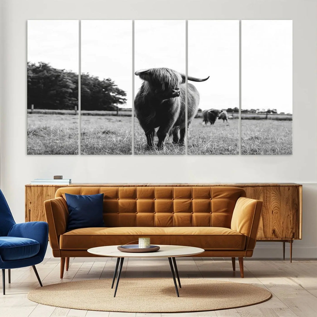 The Highland Cow Wall Art Canvas Print – Rustic Farmhouse Decor, ready to hang and split into three panels, adds charming rustic appeal.